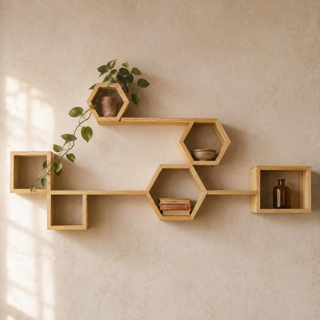 Hexagon Wall Shelf, Natural Pine Wood Cube Modular Plant