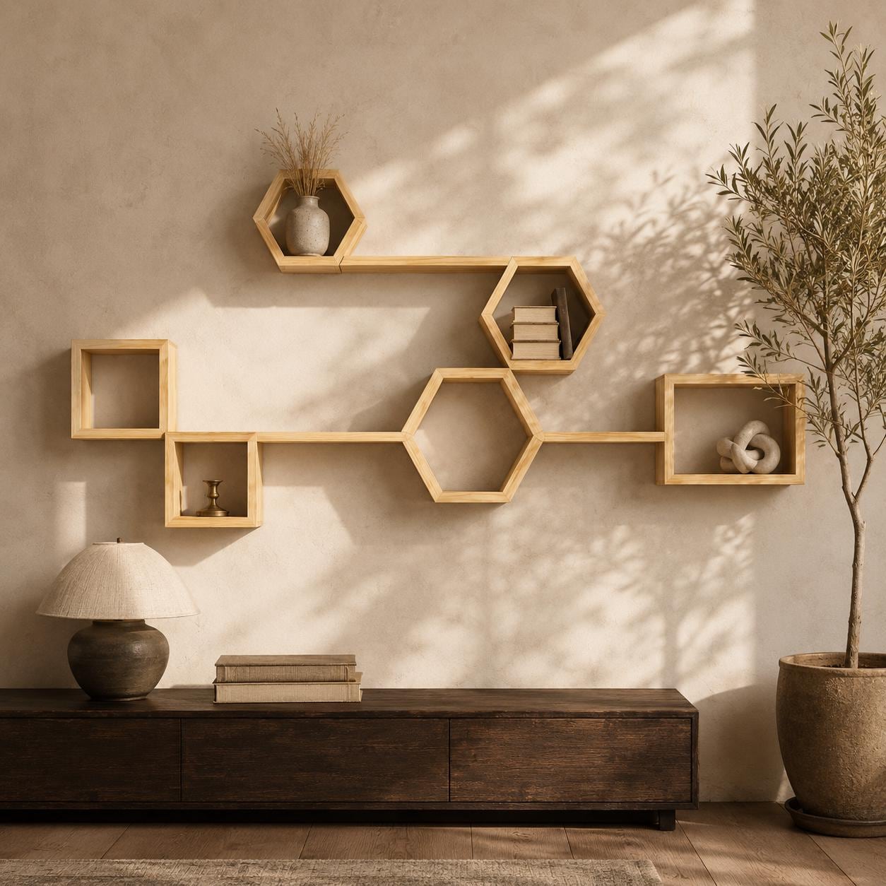 Hexagon Wall Shelf, Natural Pine Wood Cube Modular Plant