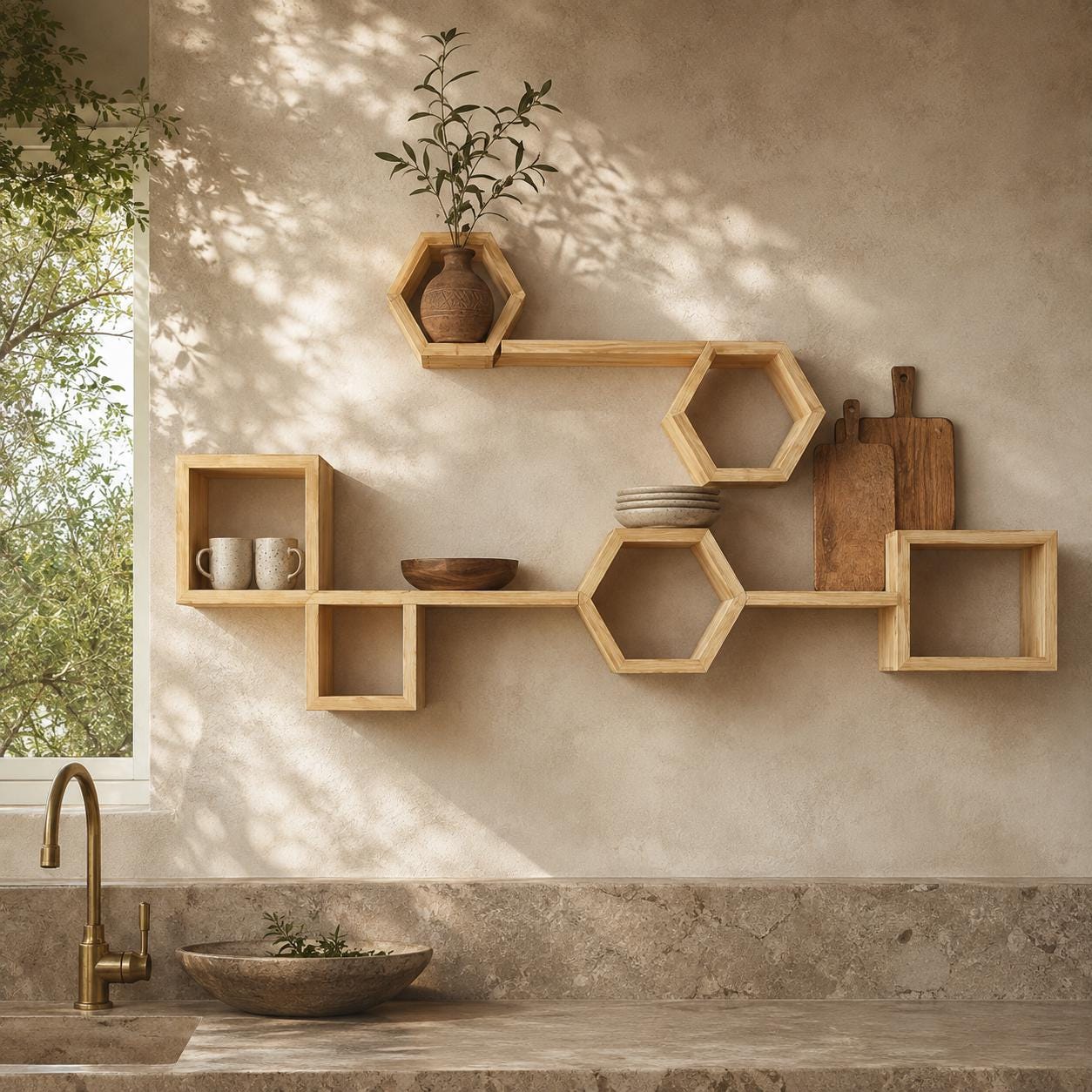 Hexagon Wall Shelf, Natural Pine Wood Cube Modular Plant