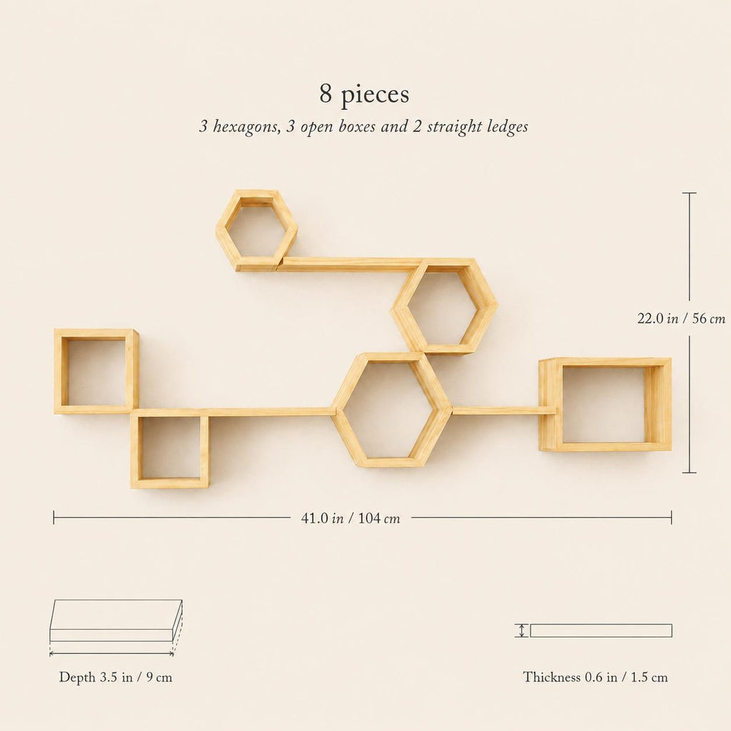 Hexagon Wall Shelf, Natural Pine Wood Cube Modular Plant
