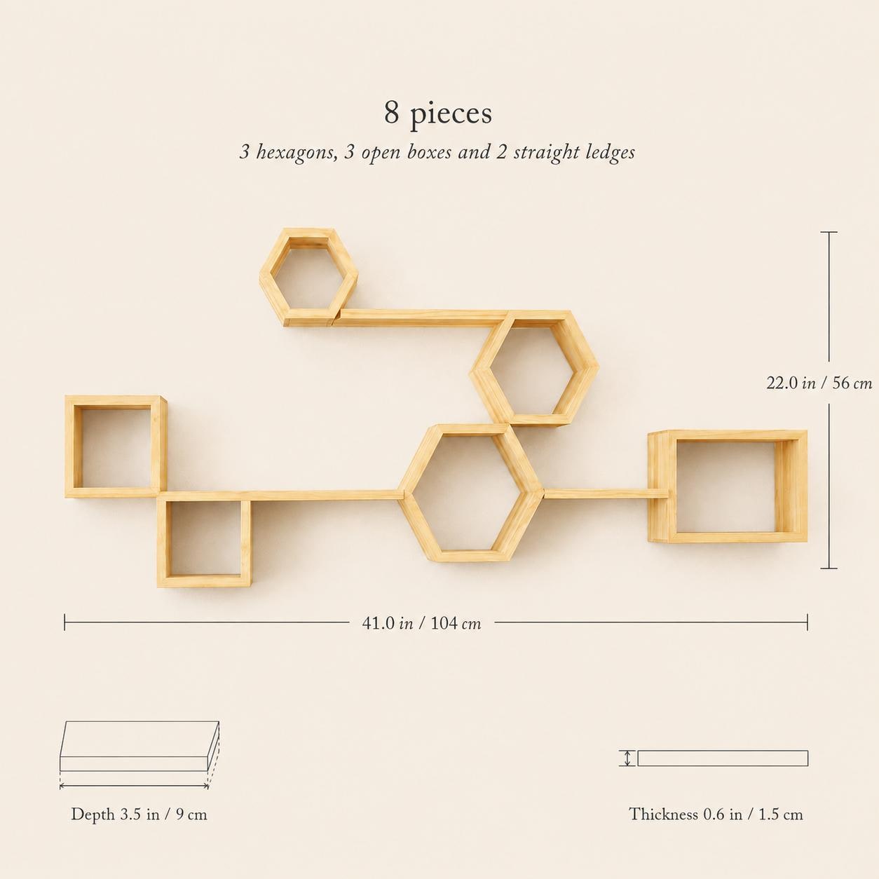 Hexagon Wall Shelf, Natural Pine Wood Cube Modular Plant