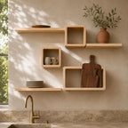 Cube Wall Shelf, Natural Pine Wood Staggered Plant Shelves