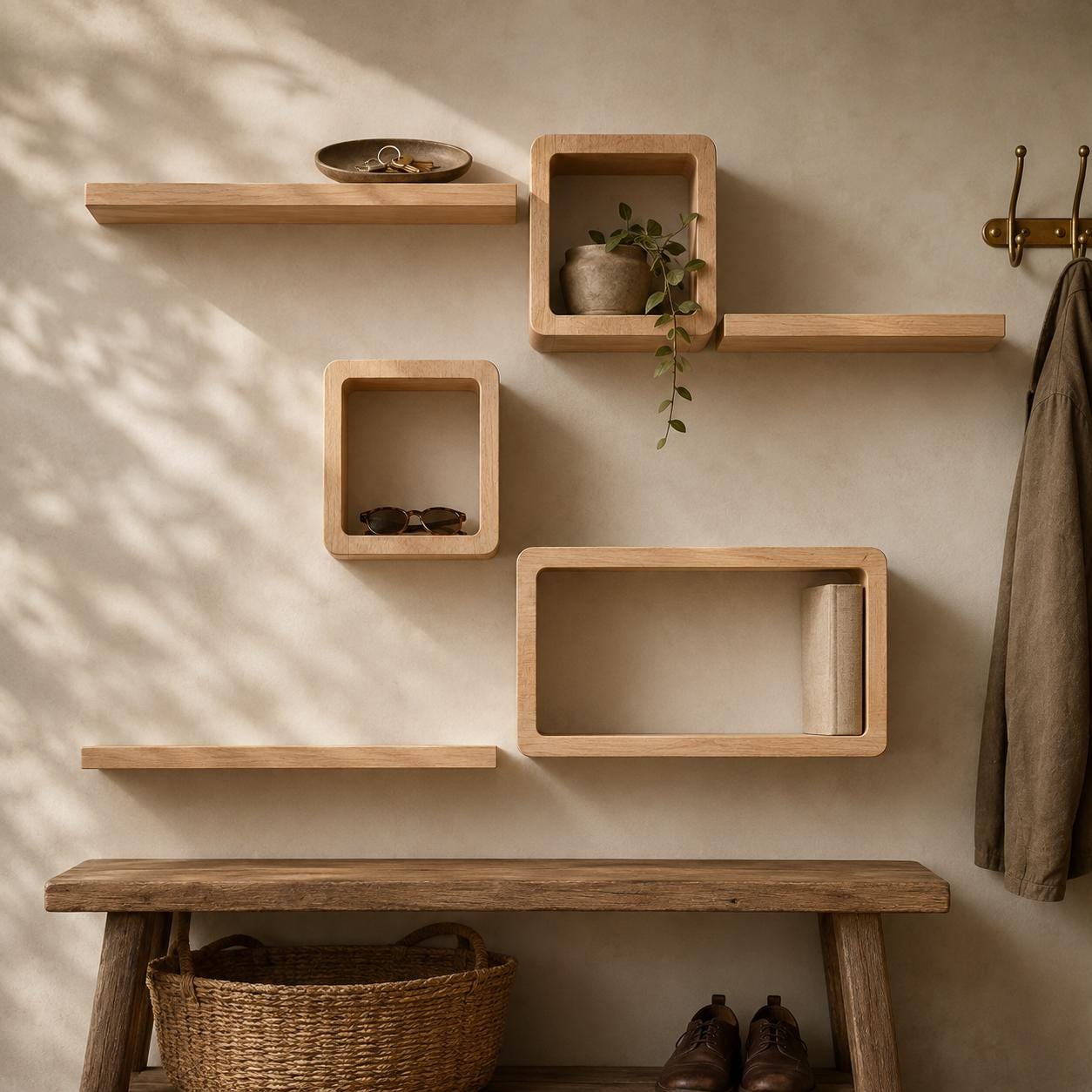 Cube Wall Shelf, Natural Pine Wood Staggered Plant Shelves