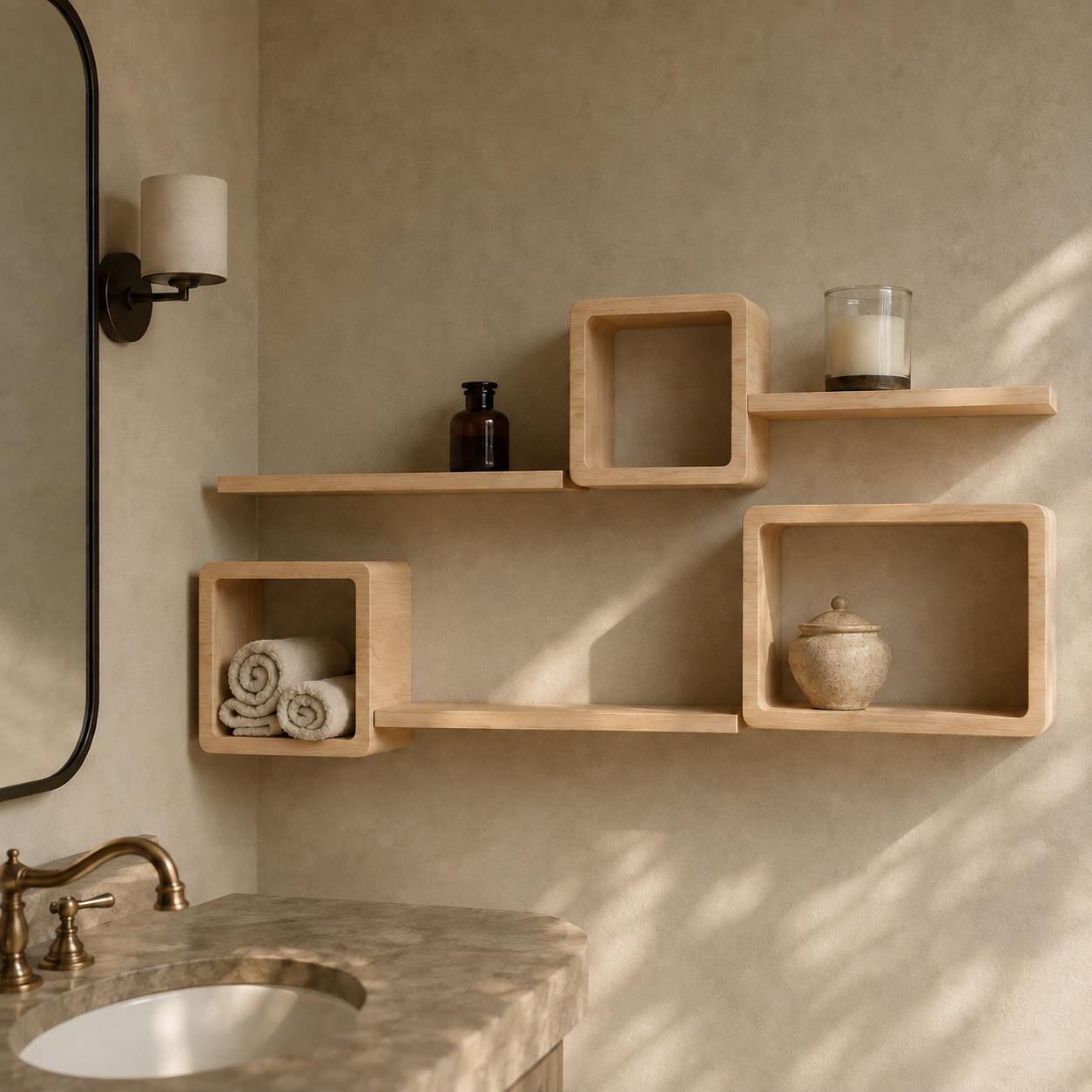 Rounded Cube Wall Shelf, Natural Pine Wood Staggered Plant