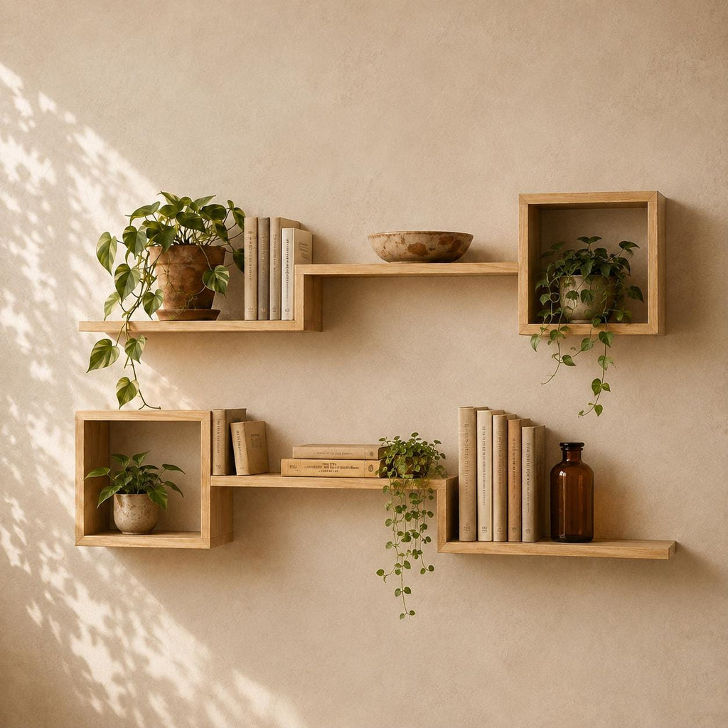 Wall Shelf Set of 6, Natural Pine Wood Cube Plant Shelves