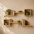 Wall Shelf Set of 6, Natural Pine Wood Cube Plant Shelves