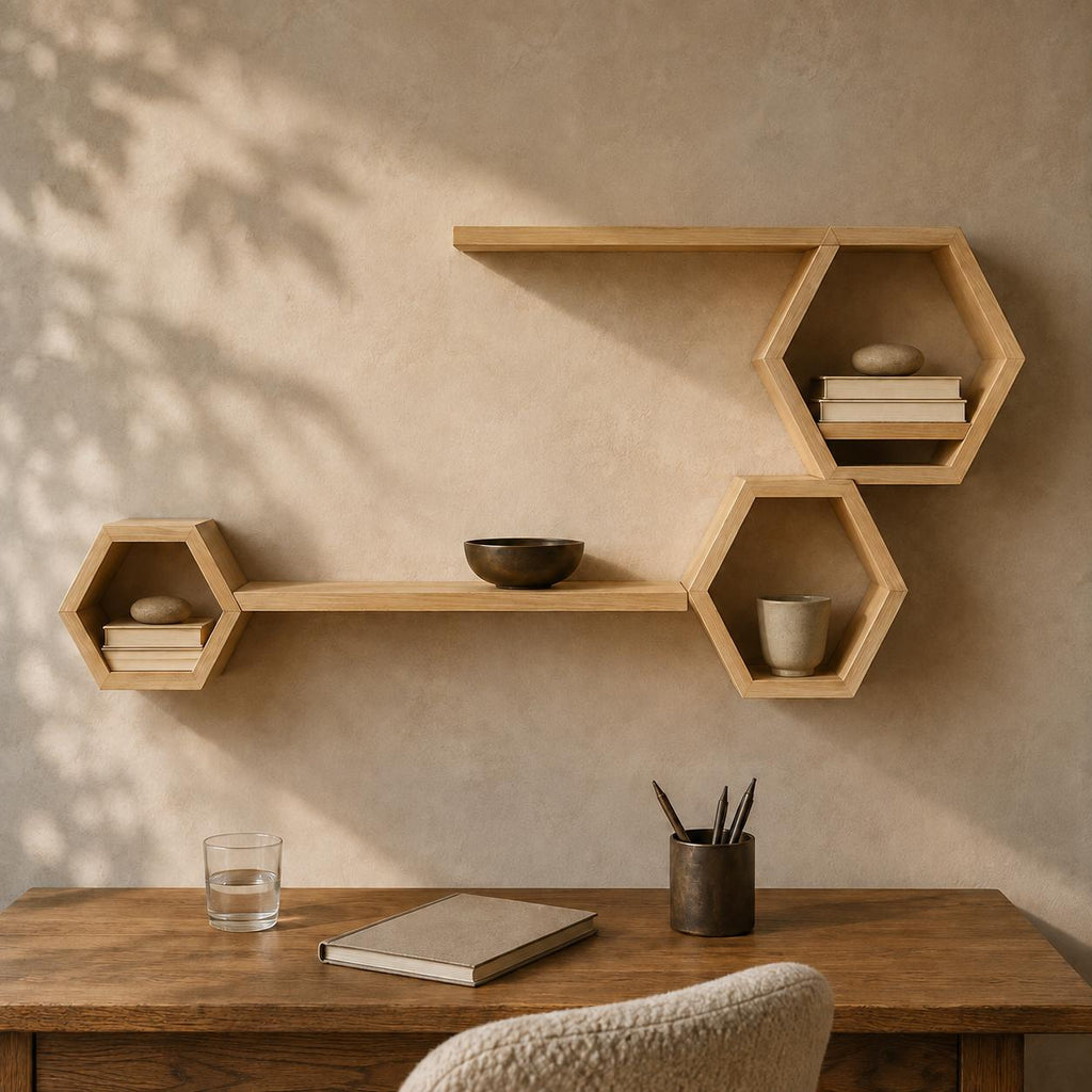 Honeycomb Wall Shelf, Natural Pine Wood Long Ledge Plant