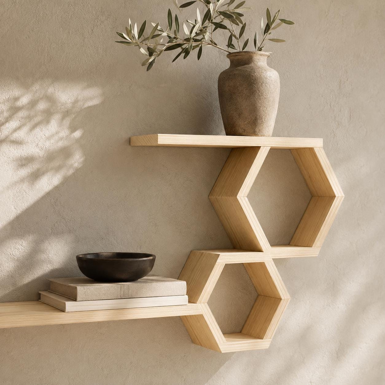 Honeycomb Wall Shelf, Natural Pine Wood Long Ledge Plant