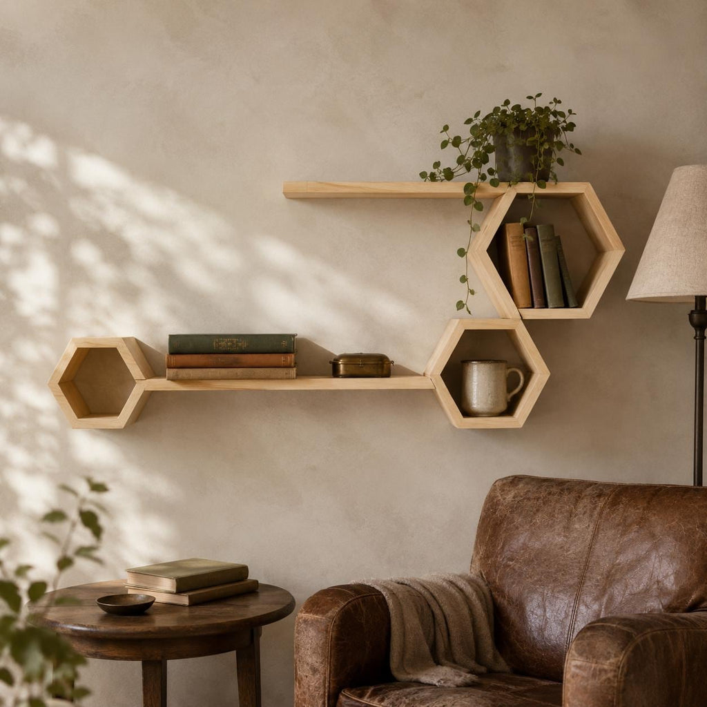 Honeycomb Wall Shelf, Natural Pine Wood Long Ledge Plant