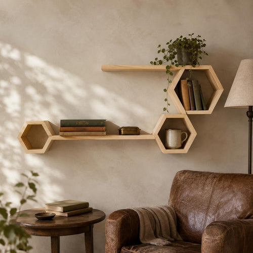 Five-piece pine shelf set above a leather armchair with books and a lamp