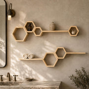 Pine hexagon shelf set on a bathroom wall above a stone basin with towels