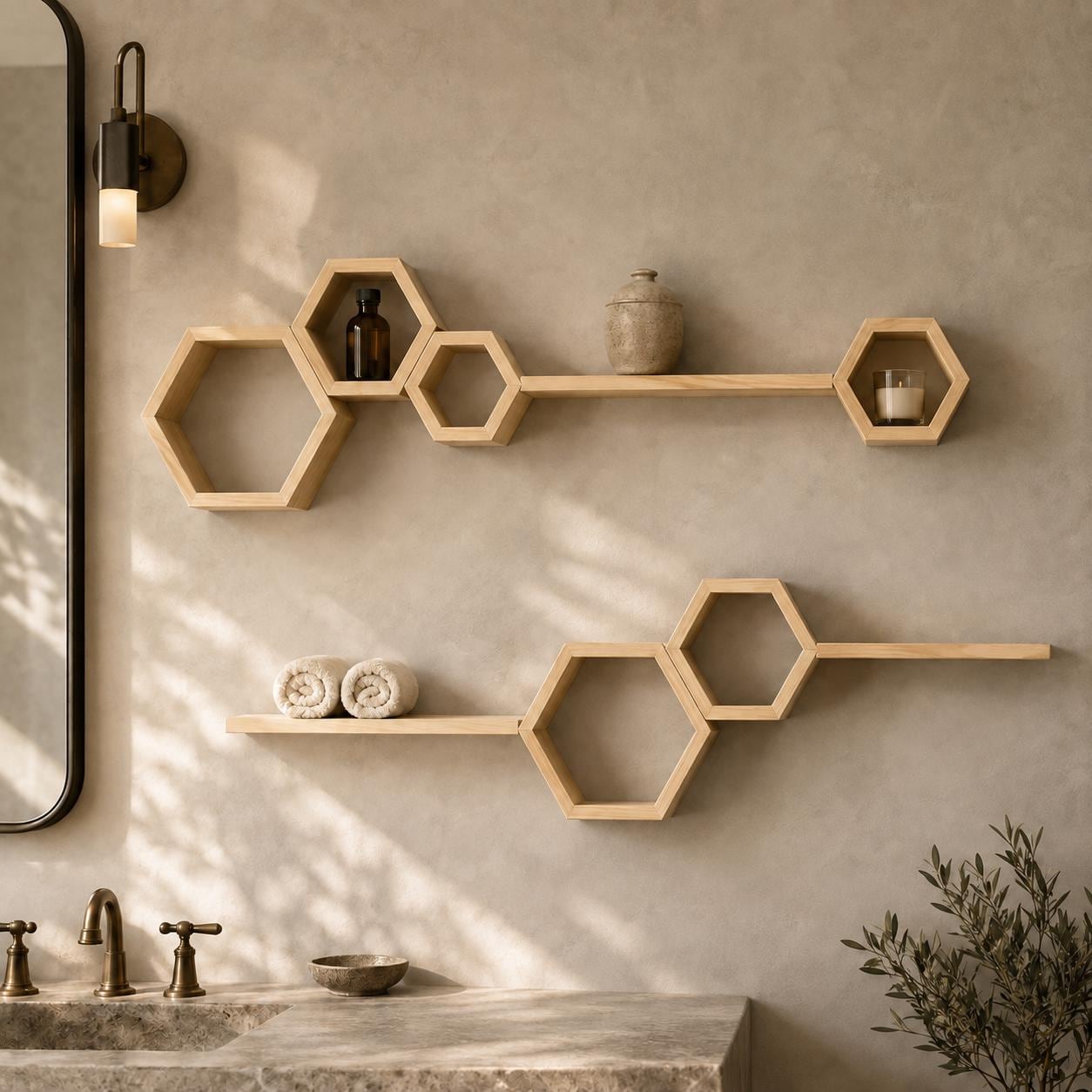 Wall Shelf Set, Natural Pine Wood Hexagon Honeycomb Plant