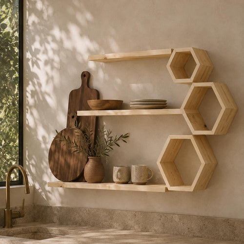 Pine honeycomb shelves above a kitchen counter holding boards, plates and a vase