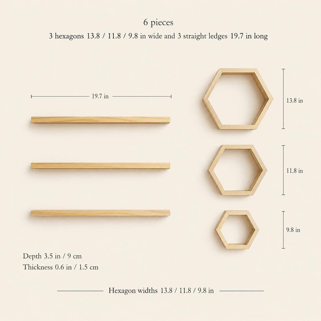 Hexagon Wall Shelf, Natural Pine Wood Honeycomb Plant