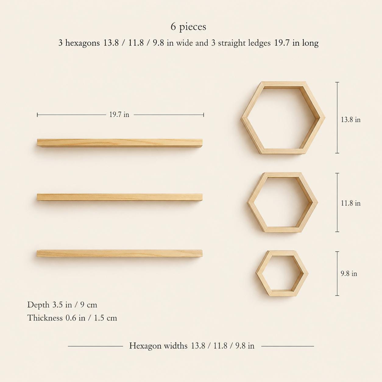 Hexagon Wall Shelf, Natural Pine Wood Honeycomb Plant
