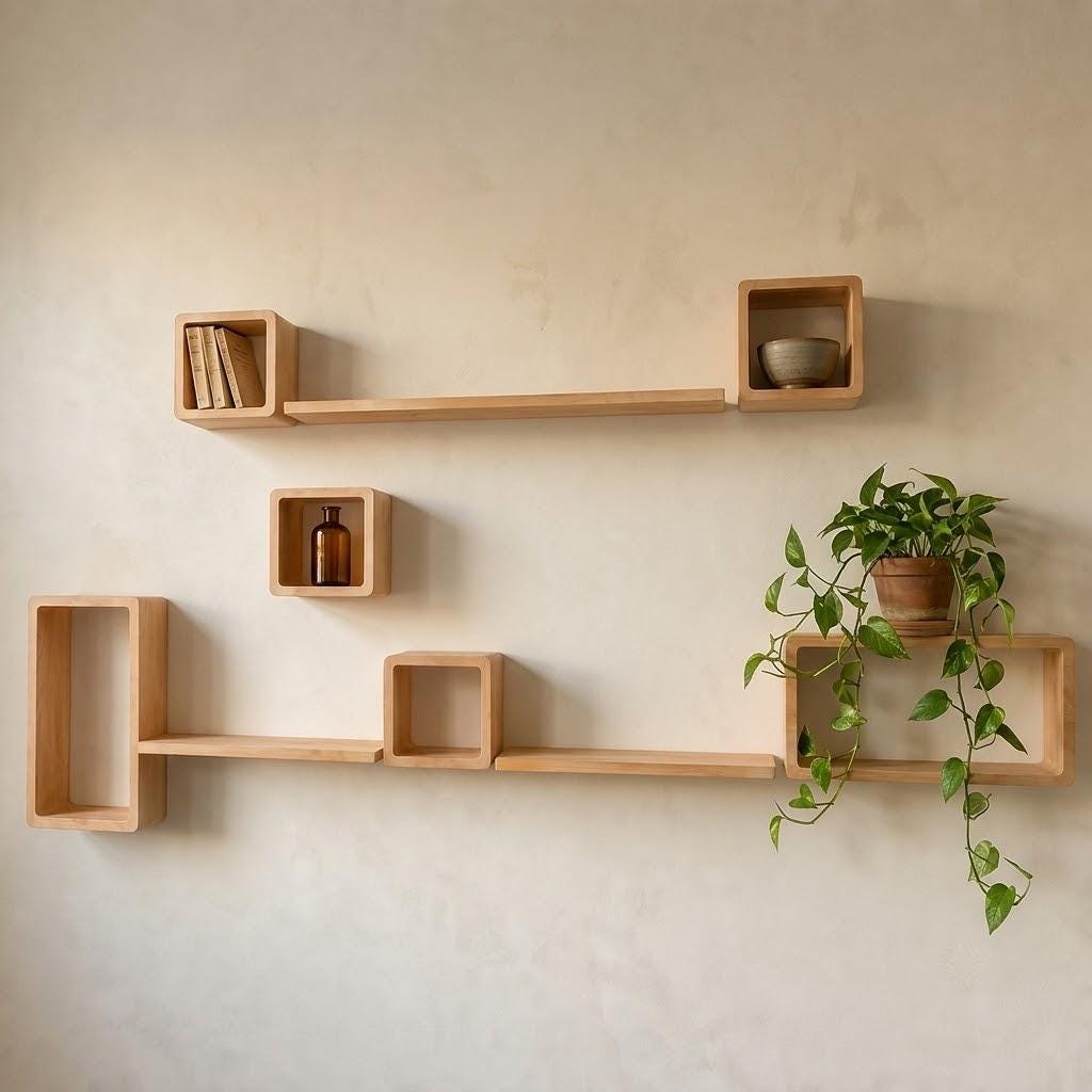 Zigzag Wall Shelf, Natural Pine Wood Cube Staggered Plant
