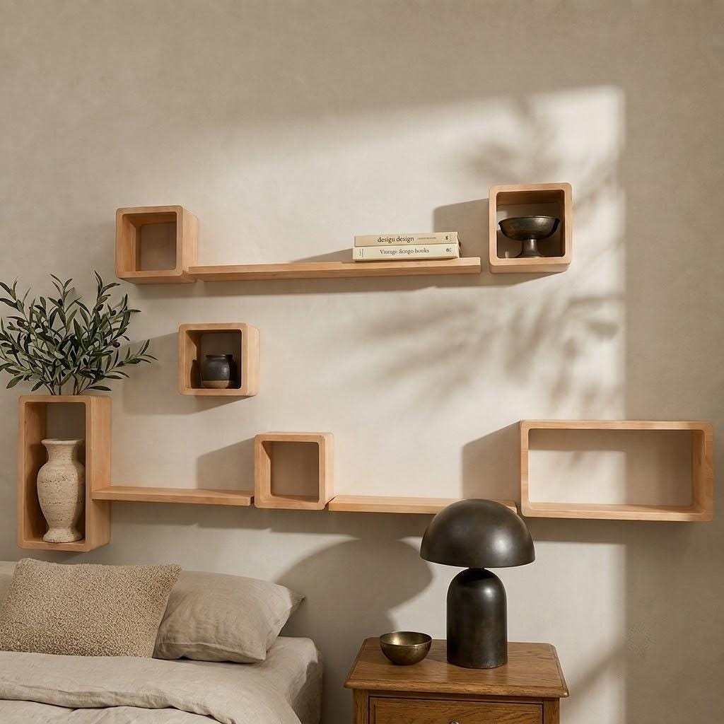 Zigzag Wall Shelf, Natural Pine Wood Cube Staggered Plant