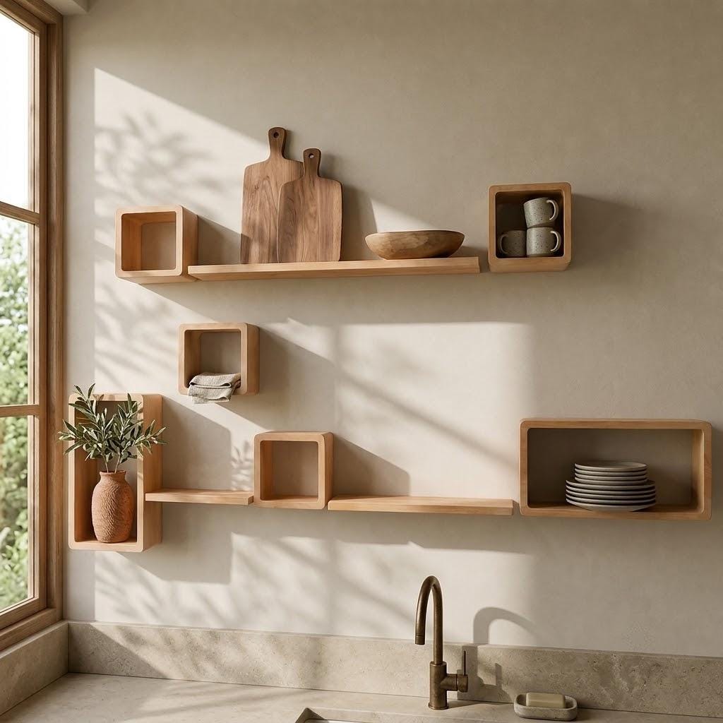 Zigzag Wall Shelf, Natural Pine Wood Cube Staggered Plant