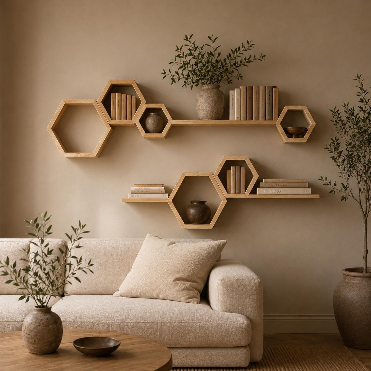 Wall Shelf Set, Natural Pine Wood Hexagon Honeycomb Plant