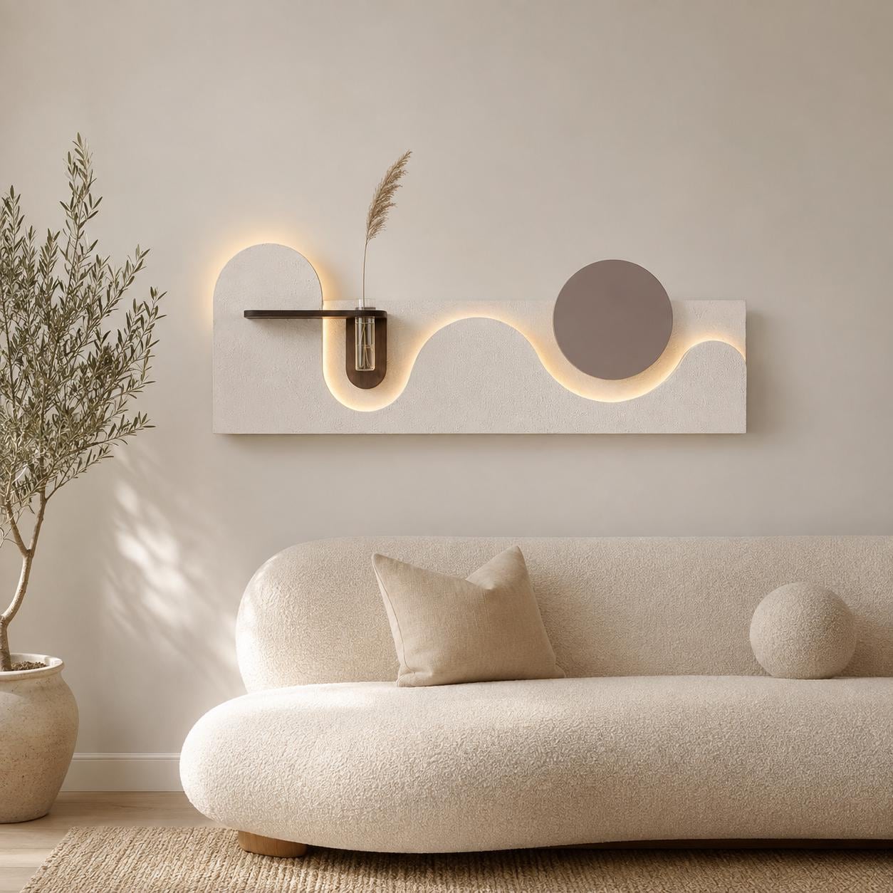 Gypsum Wall Art, Backlit Plaster Panel With Floating Bud