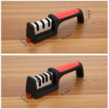 A kitchen knife sharpener shown on a wood surface, with dimension lines and text indicating its size: 21.5 cm length, 5.