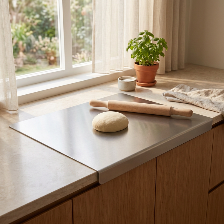 A stainless steel baking stone resting on a wooden kitchen counter next to a window, with a wooden rolling pin, dough ball, and potted basil plant nearby.