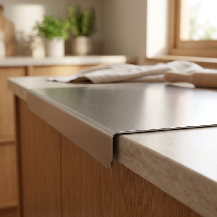 A close-up of a stainless steel drop-down countertop extension mounted over a light wood kitchen cabinet, with a cloth and rolling pin resting on top in a softly blurred kitchen setting.