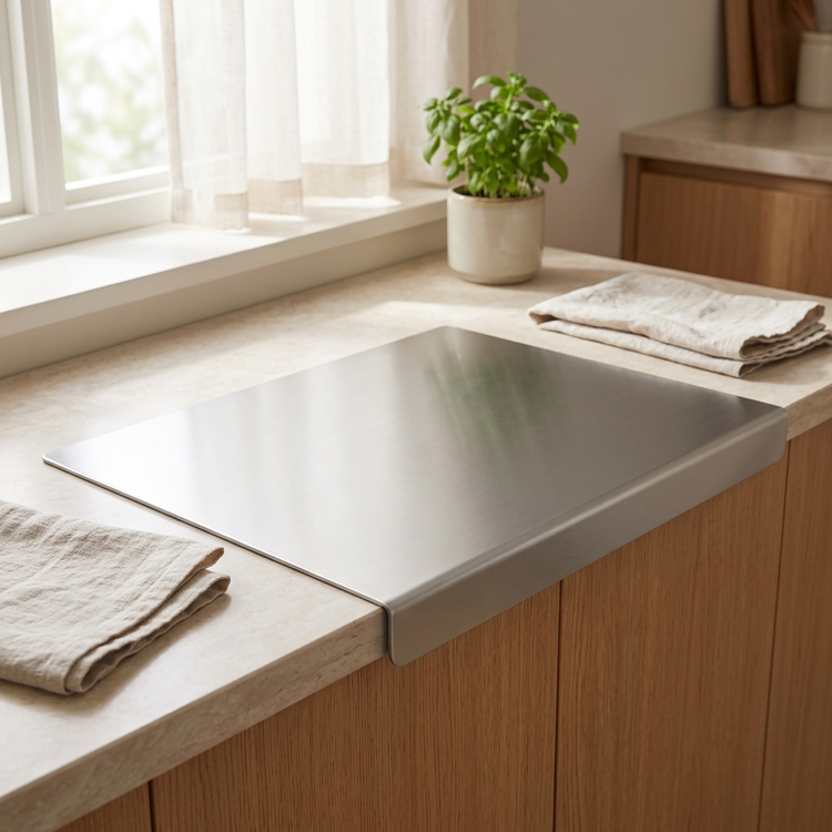 A rectangular stainless steel sink drain cover with a curved bottom lip, resting on a light beige stone countertop in a bright kitchen setting.