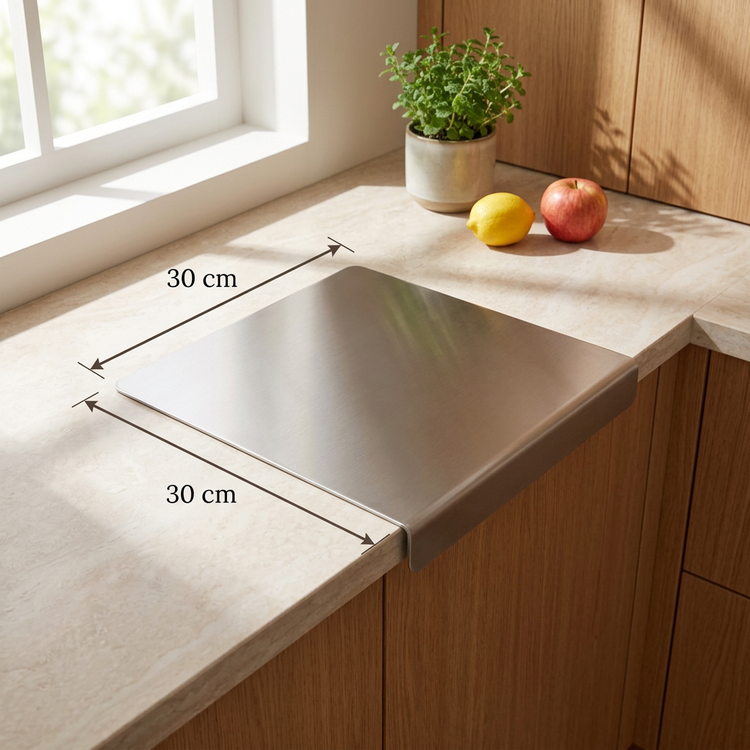 30 x 30 cm stainless steel cutting board with dimension arrows in a sunny cozy kitchen