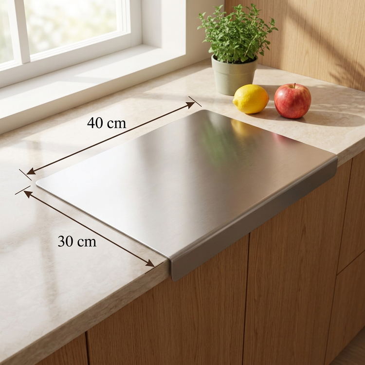 40 x 30 cm stainless steel cutting board with dimension arrows in a sunny cozy kitchen
