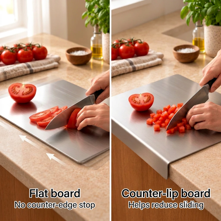 A split-screen demonstration of a rectangular stainless steel cutting board on a kitchen counter. The left panel shows a hand slicing a tomato on a flat board with text reading 'Flat board No counter-edge stop.