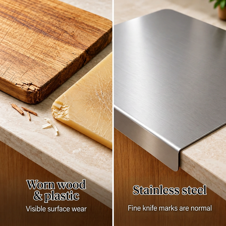 Split-screen comparison of two cutting boards on a kitchen countertop. The left side shows a worn wood and plastic cutting board with visible scratches and a piece of cheese, labeled 'Worn wood & plastic'.