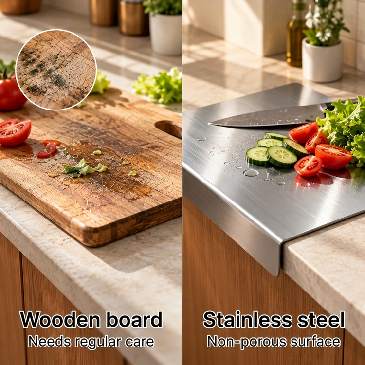 A split comparison showing a wooden cutting board on the left and a stainless steel cutting board on the right, placed in a kitchen setting with vegetables and a knife. Text overlays read 'Wooden board Needs regular care' and 'Stainless steel Non-porous surface.