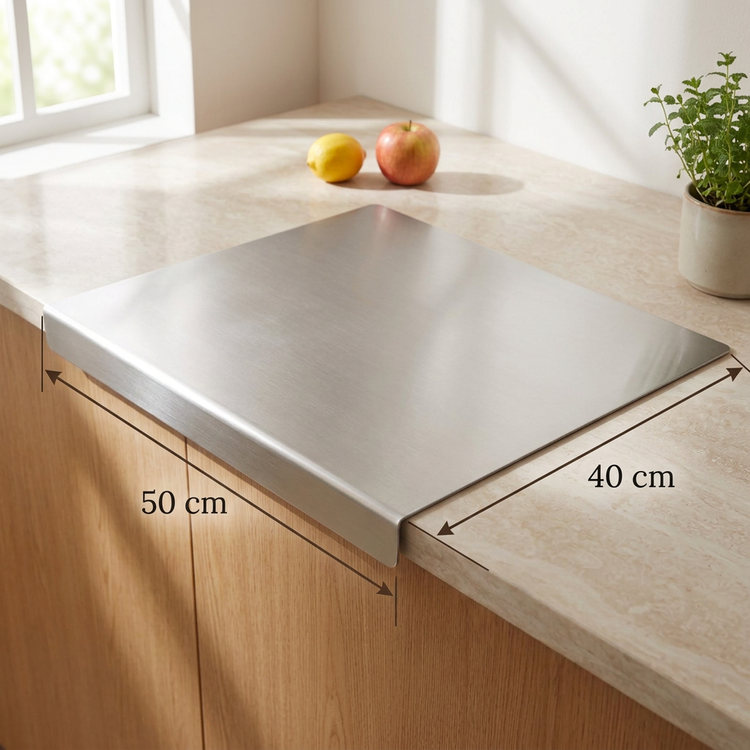 50 x 40 cm stainless steel cutting board with dimension arrows in a sunny cozy kitchen
