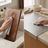 A split-screen lifestyle image showing two cleaning products in use on a kitchen countertop. On the left, a hand wipes a wet wooden cutting board with a light gray cloth.