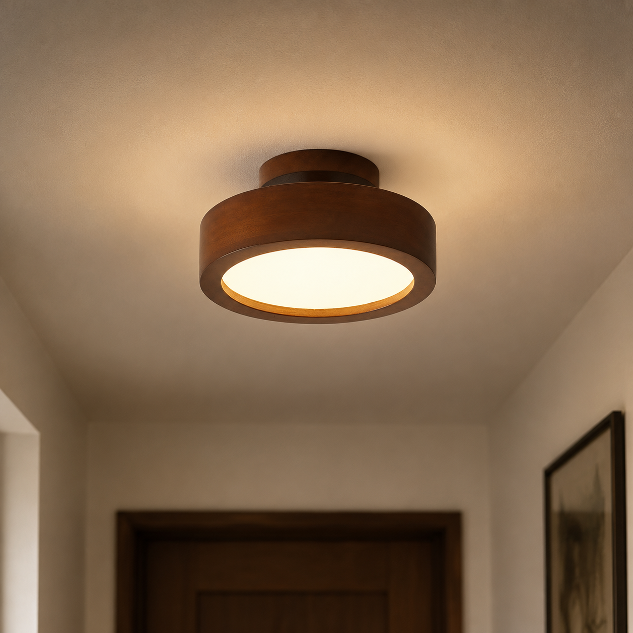 Wood flush mount ceiling light installed in a hallway, warm light on