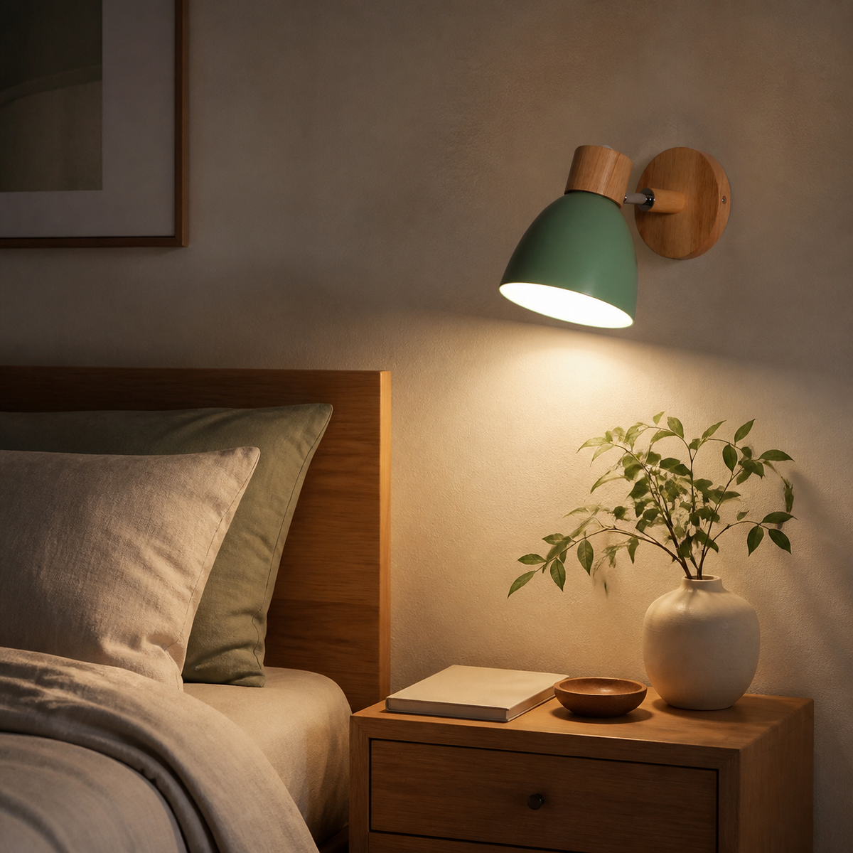 Green macaron bedside wall sconce glowing above a nightstand