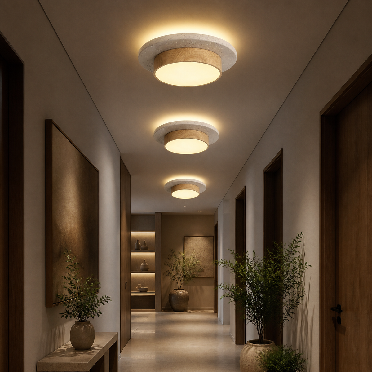 Travertine wood flush mount ceiling lights glowing in an evening hallway