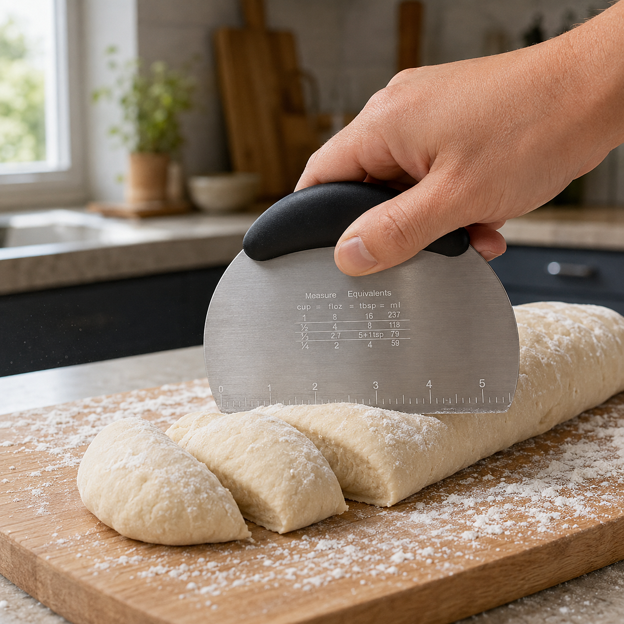 Stainless steel bench scraper with a black handle dividing bread dough on a floured wooden board