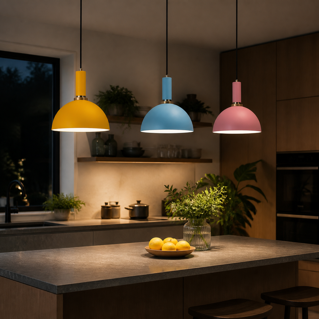 Colorful metal pendant lights glowing over a kitchen island at night