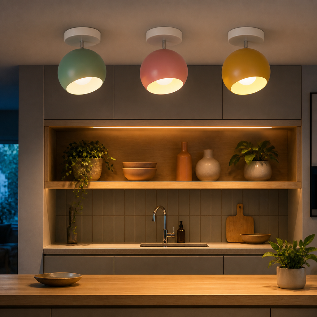 Green pink and yellow ball ceiling lights glowing in a kitchen at night