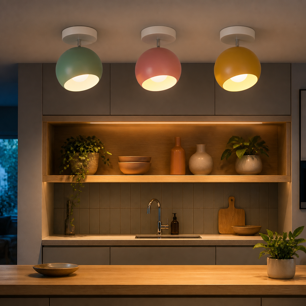 Green pink and yellow ball ceiling lights glowing in a kitchen at night