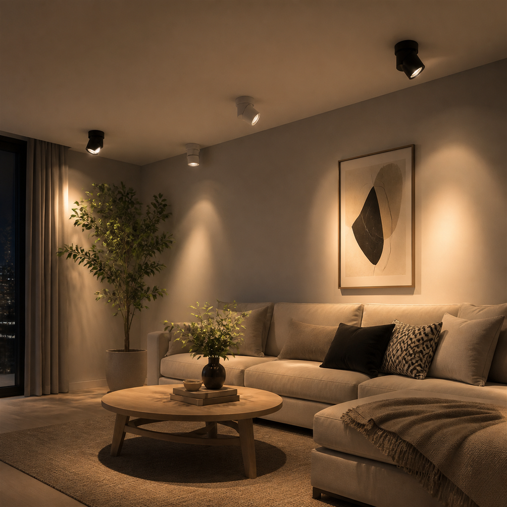 Adjustable ceiling spotlights aimed across a living room at night