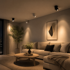 Adjustable ceiling spotlights aimed across a living room at night