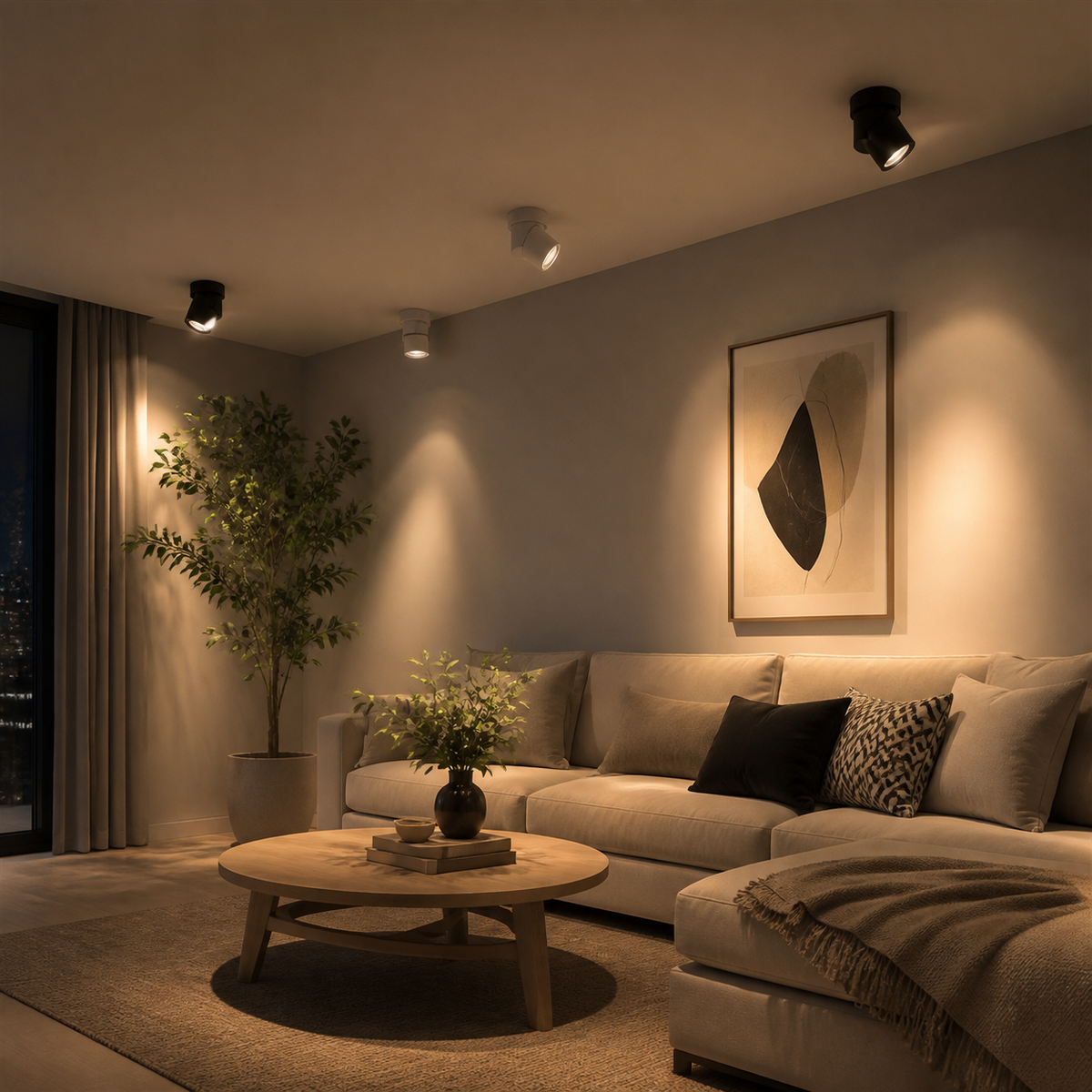 Adjustable ceiling spotlights aimed across a living room at night