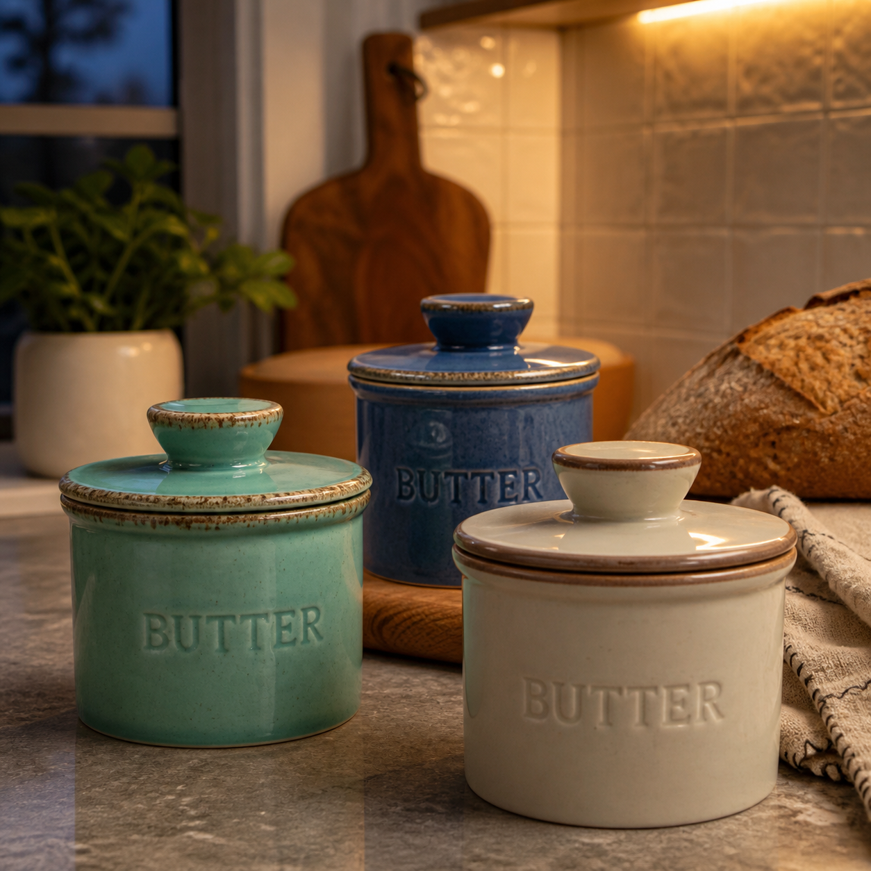 Three ceramic butter crocks in green, blue and warm gray on an evening kitchen counter