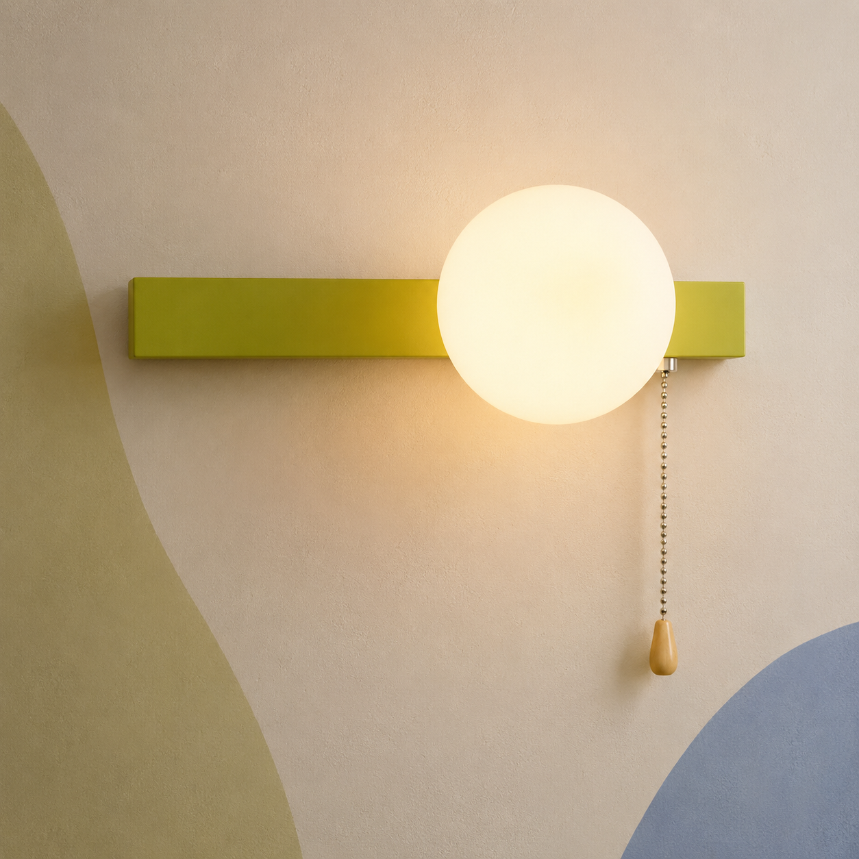 Chartreuse green bar globe wall sconce lit warm with pull chain switch