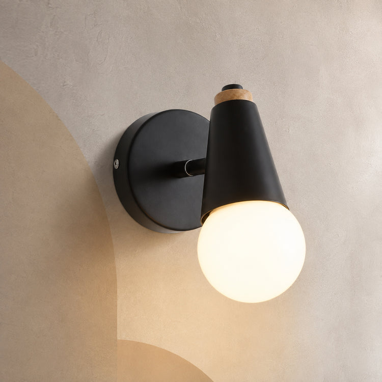 Black globe vanity sconce with iron backplate lit warm on a greige wall