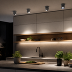 White and gray adjustable ceiling spotlights lighting a kitchen task counter