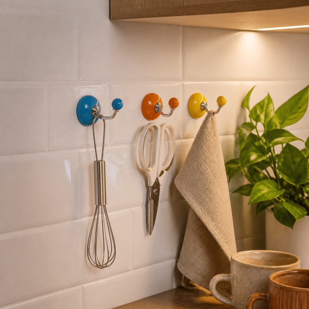 Ceramic adhesive hooks holding small kitchen tools on a tile wall